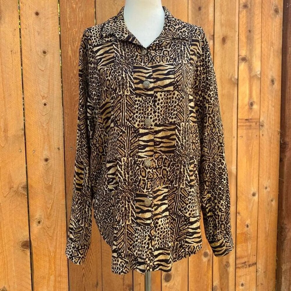 Vintage 1990s Animal Print Long Sleeve Blouse Small